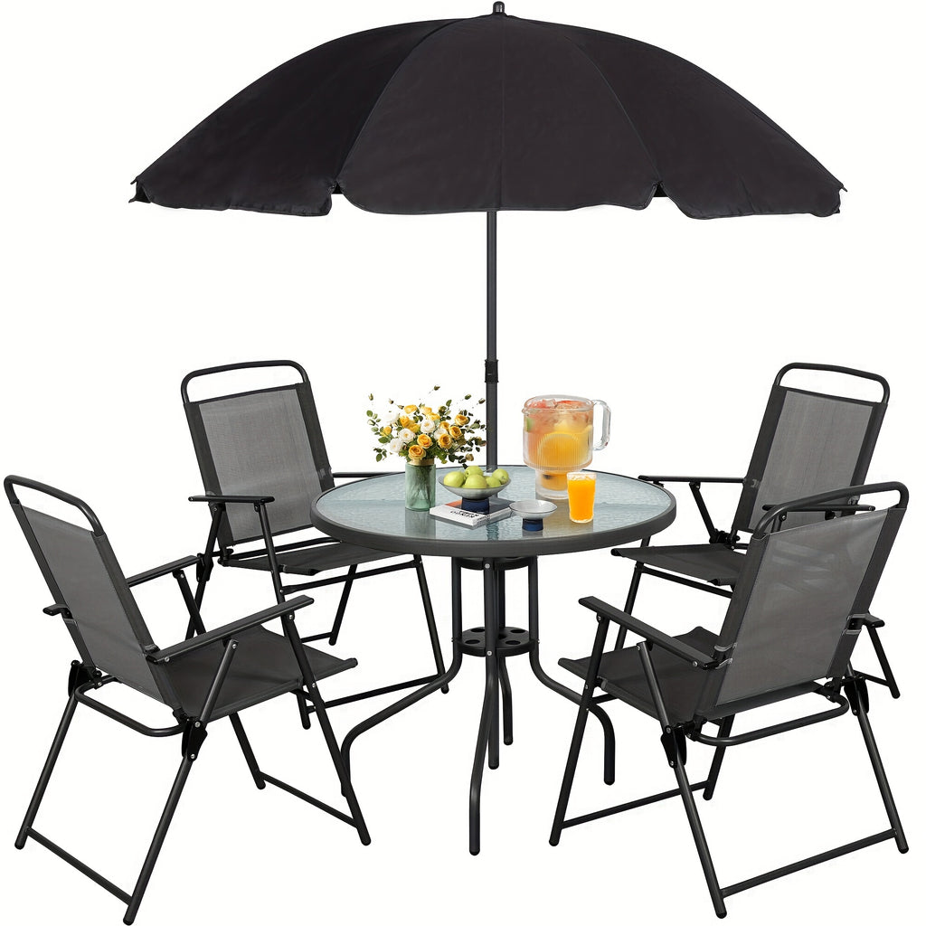 All-Weather 6-Piece Patio Dining Set, Metal Frame Glass Table, 4 Folding Chairs plus Umbrella, Portable Outdoor Furniture for Garden, Lawn & Backyard