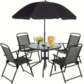 All-Weather 6-Piece Patio Dining Set, Metal Frame Glass Table, 4 Folding Chairs plus Umbrella, Portable Outdoor Furniture for Garden, Lawn & Backyard