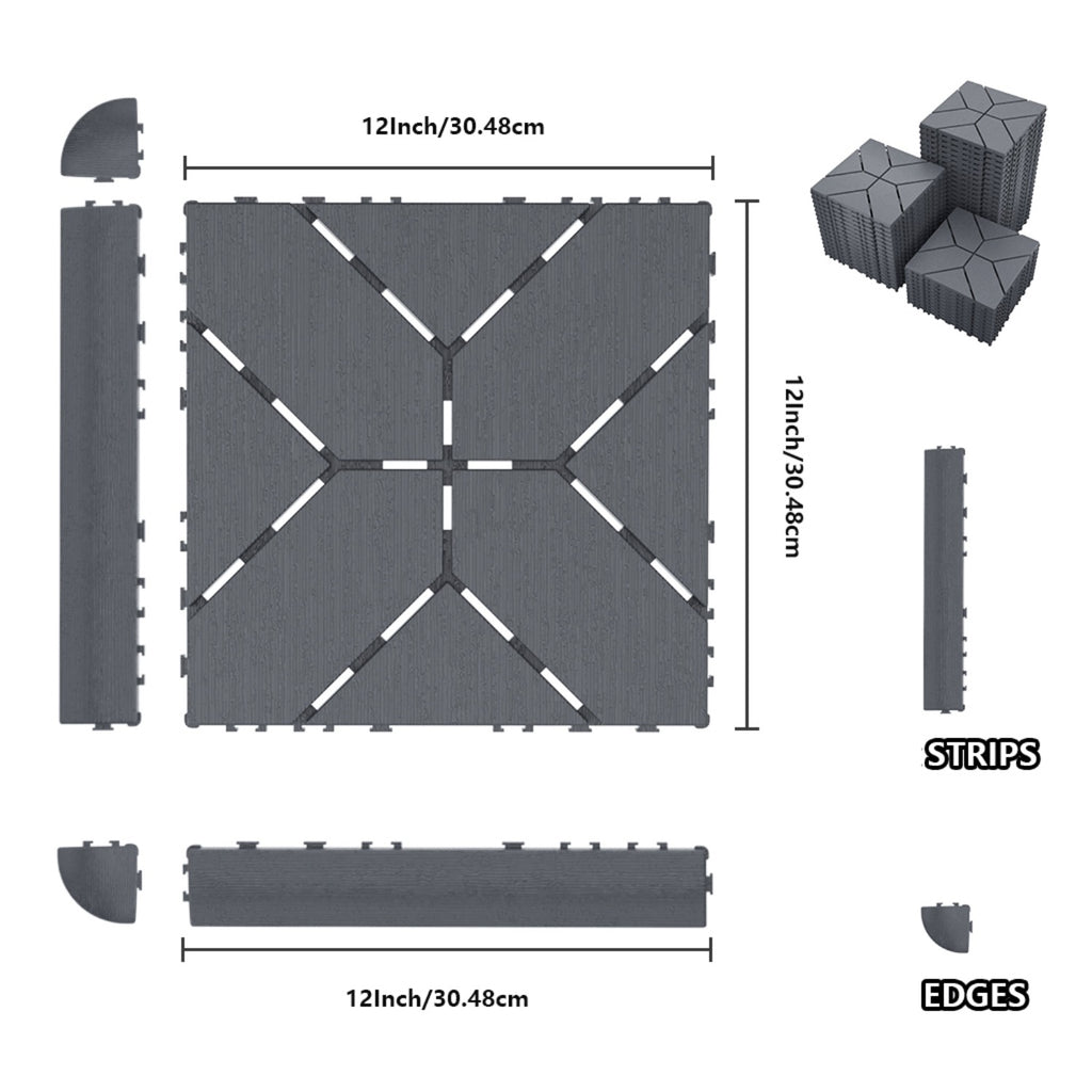 180PCS Interlocking Floor Tiles (132 Tiles+36 Strips+12 Edges+Gloves), Waterproof Plastic Deck Tiles, DIY Flooring for Patio, Garden, Bedroom & Living Room