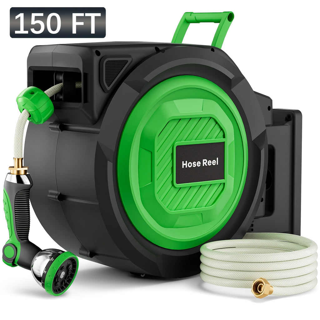 1/2" Retractable Garden Hose Reel, 100ft/150ft Wall Mounted Hose with Auto Rewind, Any-Length Lock, 10 Spray Modes & 180° Swivel Bracket, Ideal Father's Day Gift