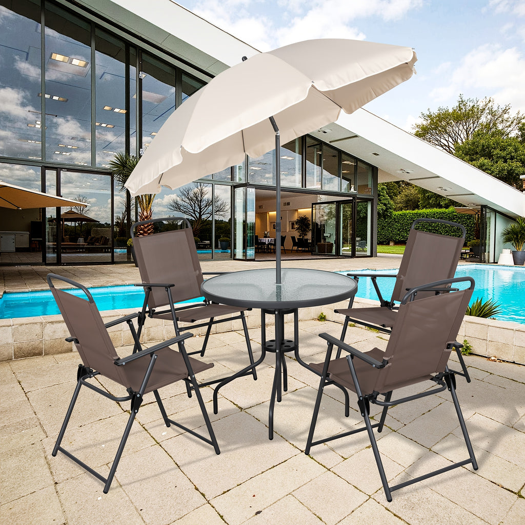 All-Weather 6-Piece Patio Dining Set, Metal Frame Glass Table, 4 Folding Chairs plus Umbrella, Portable Outdoor Furniture for Garden, Lawn & Backyard