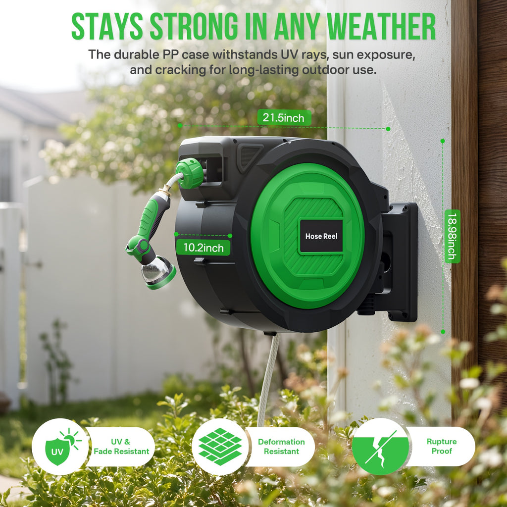 1/2" Retractable Garden Hose Reel, 100ft/150ft Wall Mounted Hose with Auto Rewind, Any-Length Lock, 10 Spray Modes & 180° Swivel Bracket, Ideal Father's Day Gift