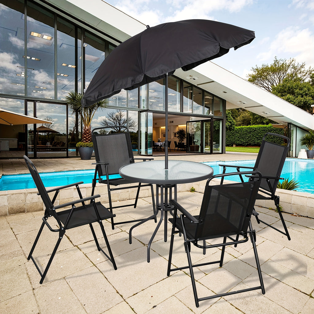 All-Weather 6-Piece Patio Dining Set, Metal Frame Glass Table, 4 Folding Chairs plus Umbrella, Portable Outdoor Furniture for Garden, Lawn & Backyard