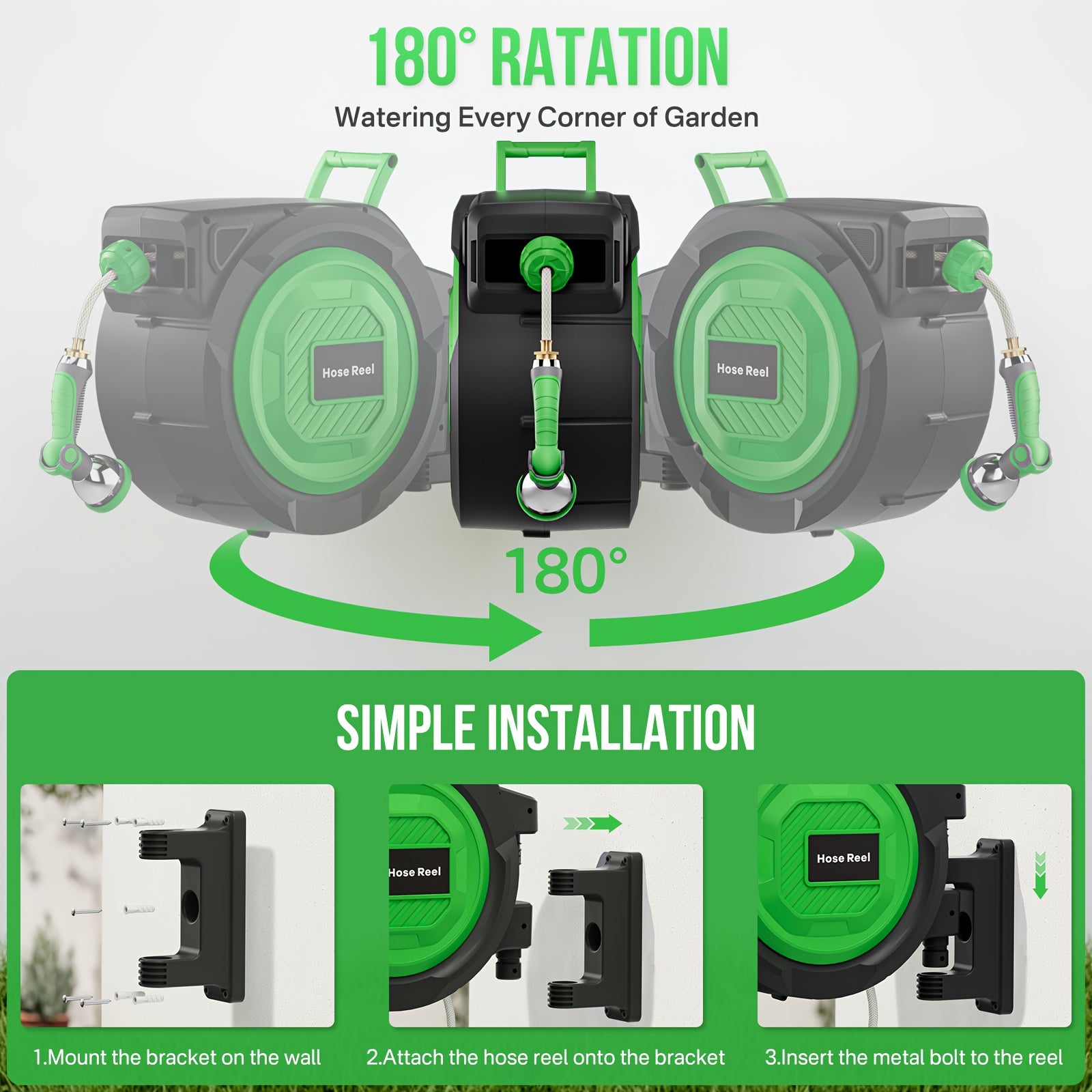 1/2" Retractable Garden Hose Reel, 100ft/150ft Wall Mounted Hose with Auto Rewind, Any-Length Lock, 10 Spray Modes & 180° Swivel Bracket, Ideal Father's Day Gift