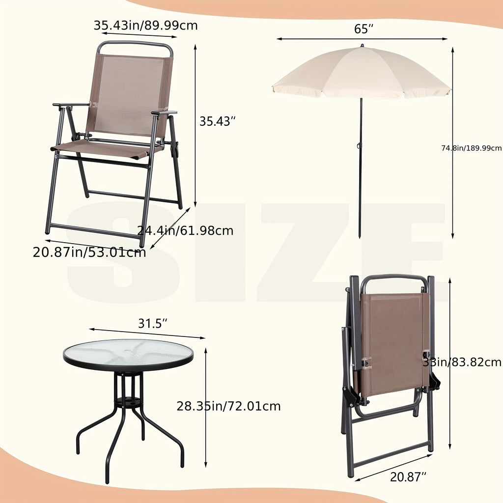 All-Weather 6-Piece Patio Dining Set, Metal Frame Glass Table, 4 Folding Chairs plus Umbrella, Portable Outdoor Furniture for Garden, Lawn & Backyard