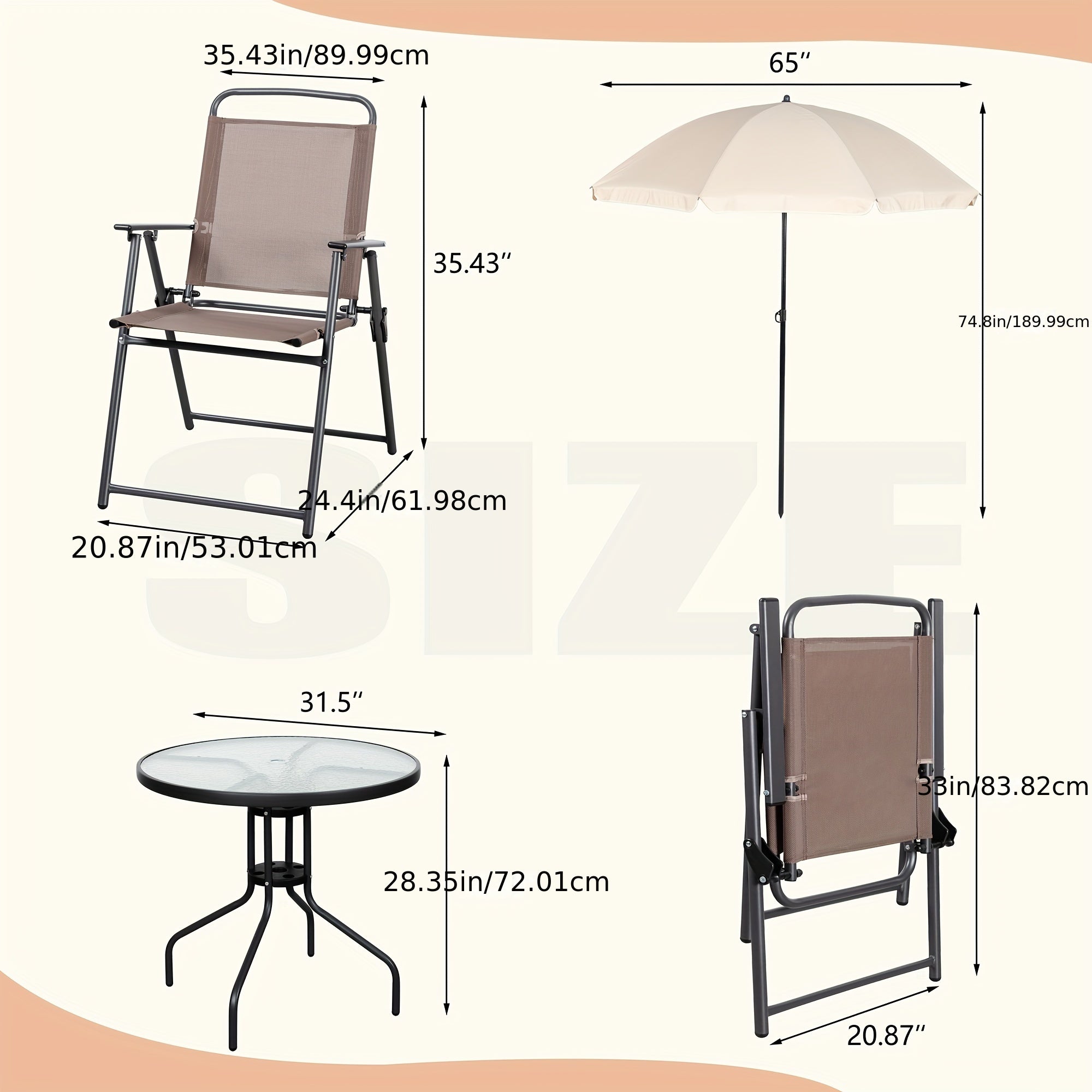 All-Weather 6-Piece Patio Dining Set, Metal Frame Glass Table, 4 Folding Chairs plus Umbrella, Portable Outdoor Furniture for Garden, Lawn & Backyard