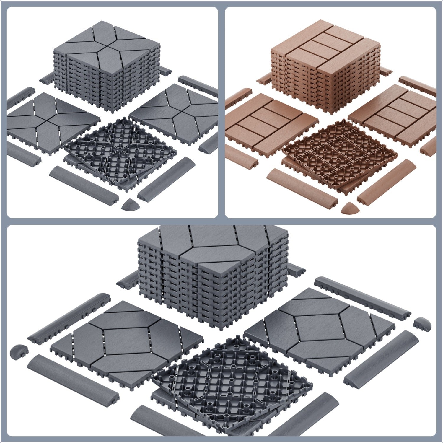 180PCS Interlocking Floor Tiles (132 Tiles+36 Strips+12 Edges+Gloves), Waterproof Plastic Deck Tiles, DIY Flooring for Patio, Garden, Bedroom & Living Room