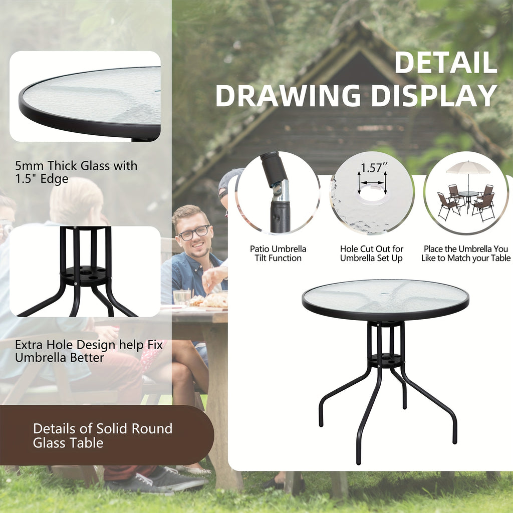 All-Weather 6-Piece Patio Dining Set, Metal Frame Glass Table, 4 Folding Chairs plus Umbrella, Portable Outdoor Furniture for Garden, Lawn & Backyard