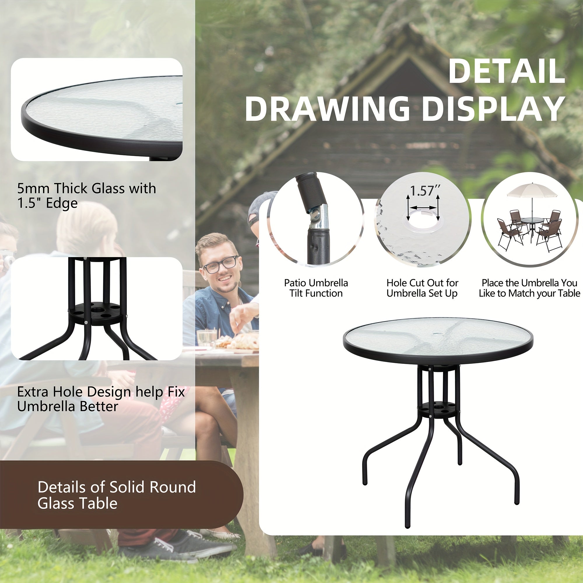 All-Weather 6-Piece Patio Dining Set, Metal Frame Glass Table, 4 Folding Chairs plus Umbrella, Portable Outdoor Furniture for Garden, Lawn & Backyard