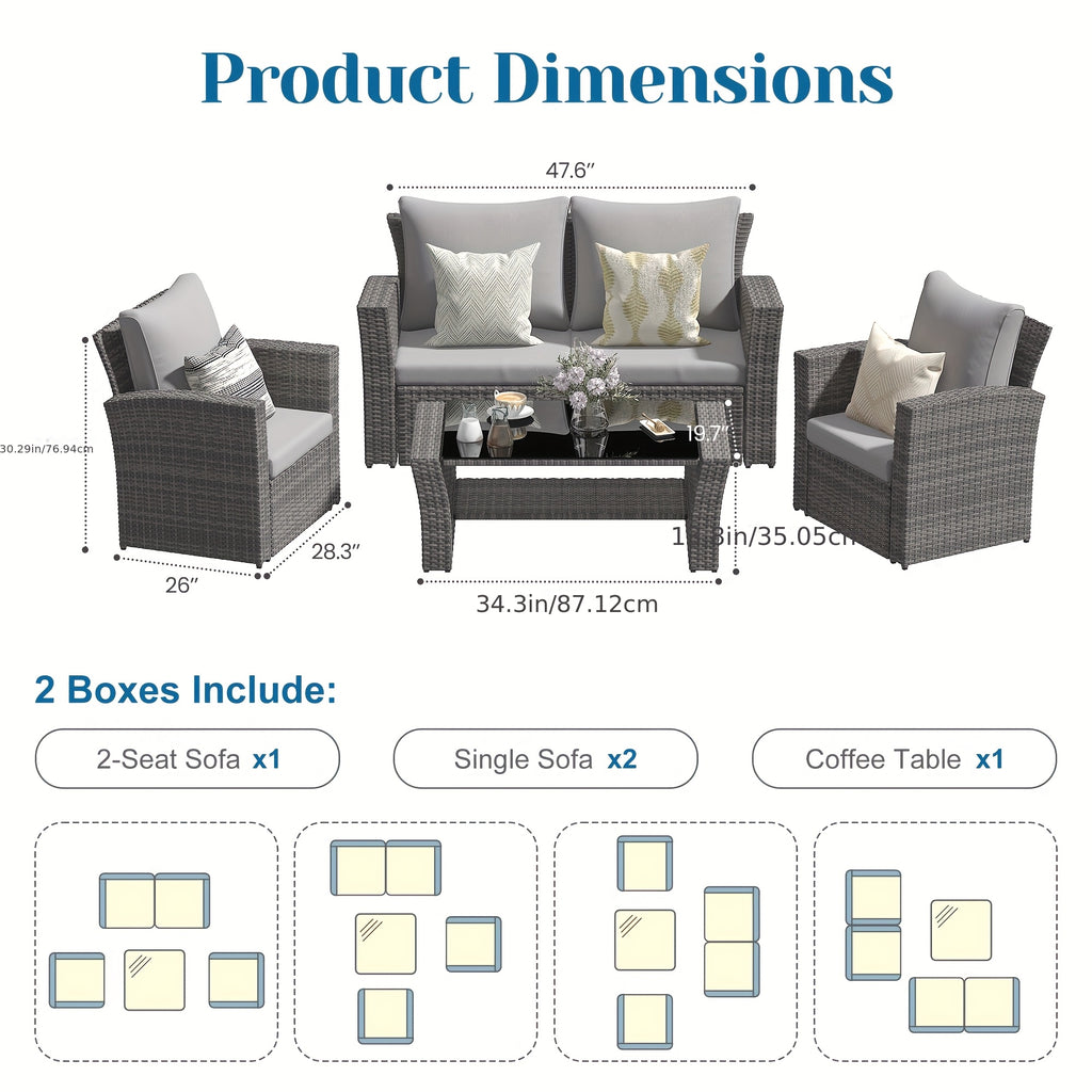 Modular PE Rattan Conversation Set, 4-Piece Patio Sofa & Coffee Table, Foam Cushions, Weatherproof Frame & Protective Cover for Poolside, Deck & Garden