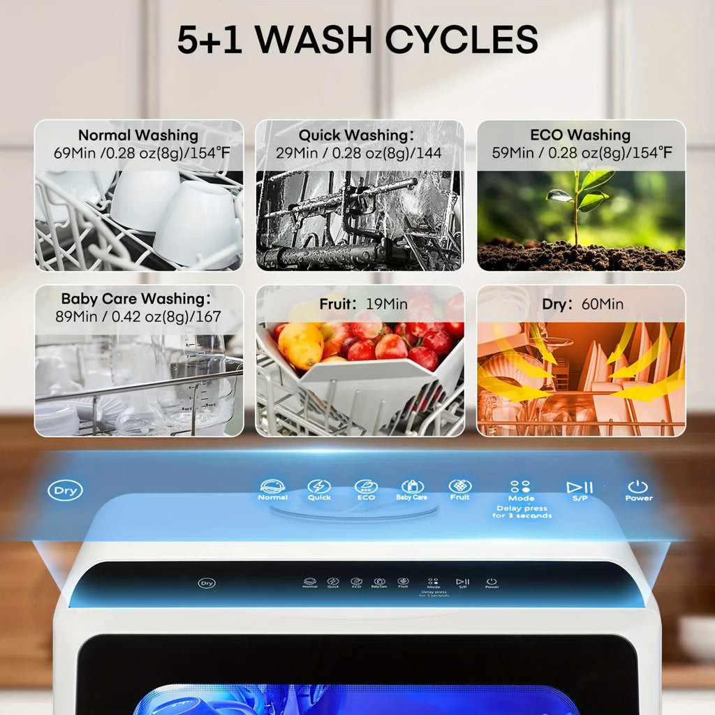 Compact Countertop Dishwasher, Portable Mini Dishwasher with 5L Built-in Water Tank, 6 Wash Modes & Baby Care, No Plumbing for Apartments & RVs