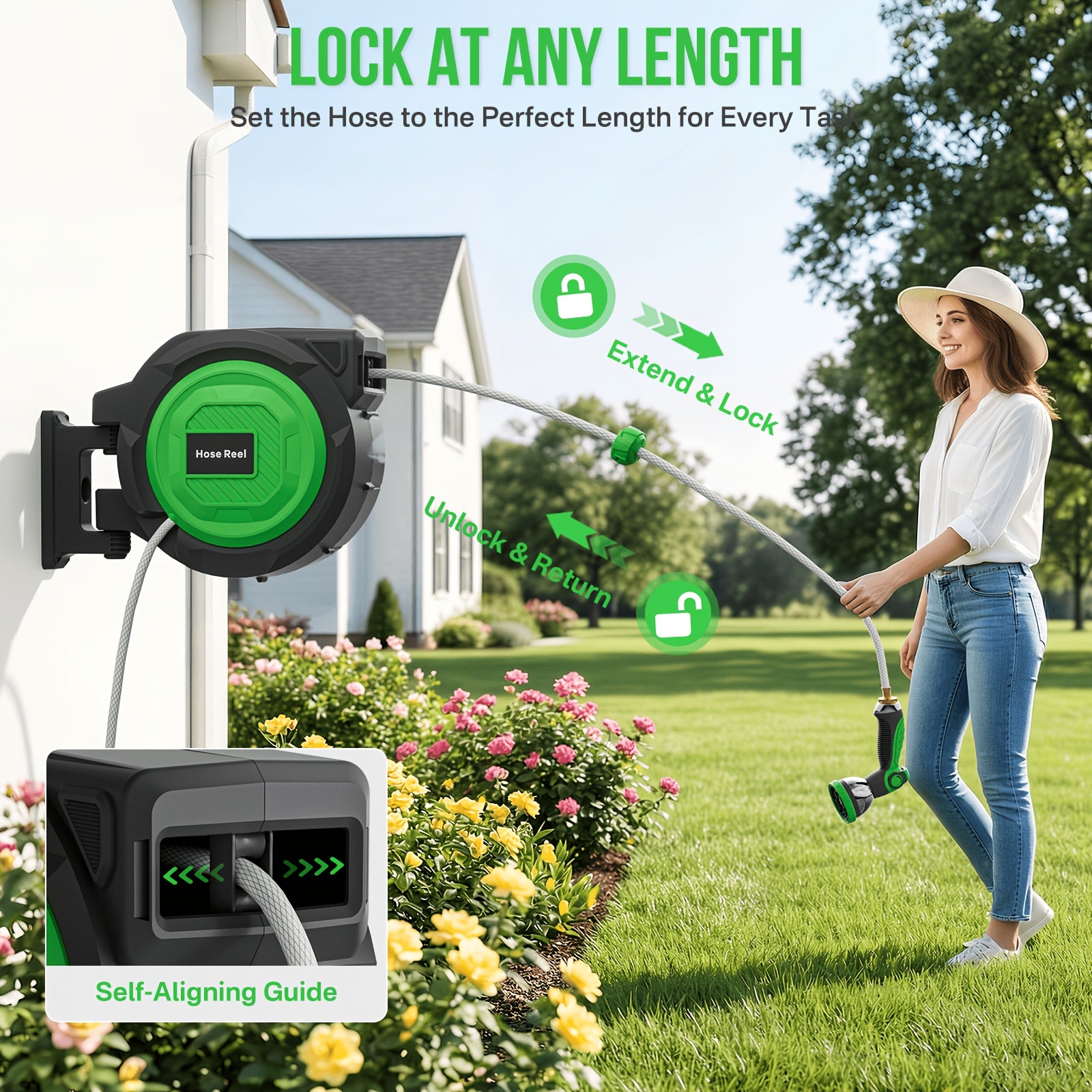 1/2" Retractable Garden Hose Reel, 100ft/150ft Wall Mounted Hose with Auto Rewind, Any-Length Lock, 10 Spray Modes & 180° Swivel Bracket, Ideal Father's Day Gift