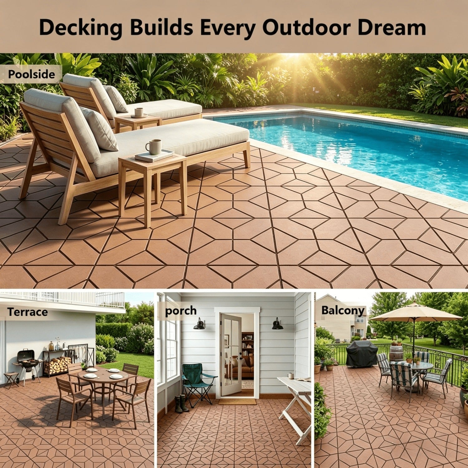 180PCS Interlocking Floor Tiles (132 Tiles+36 Strips+12 Edges+Gloves), Waterproof Plastic Deck Tiles, DIY Flooring for Patio, Garden, Bedroom & Living Room
