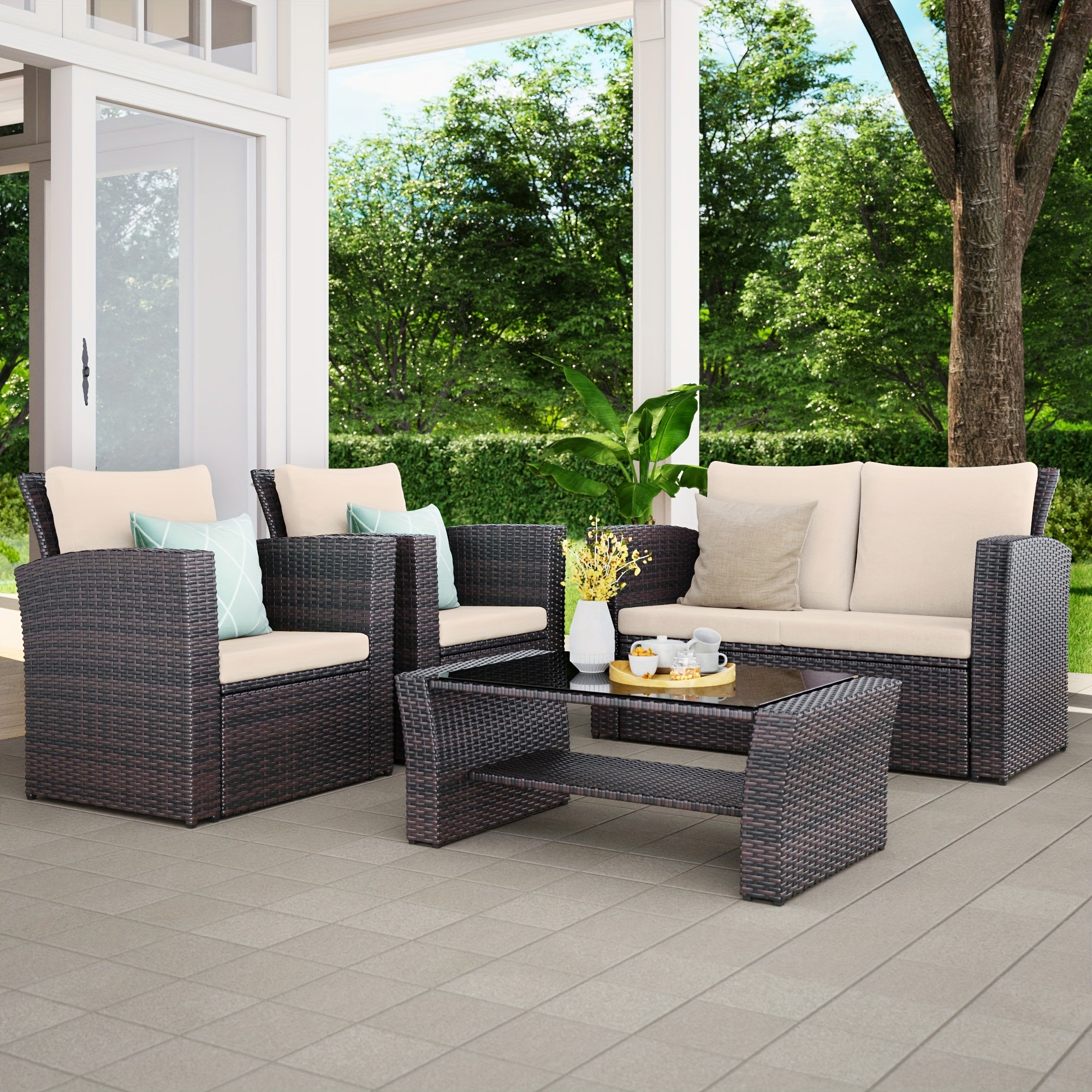 Modular PE Rattan Conversation Set, 4-Piece Patio Sofa & Coffee Table, Foam Cushions, Weatherproof Frame & Protective Cover for Poolside, Deck & Garden
