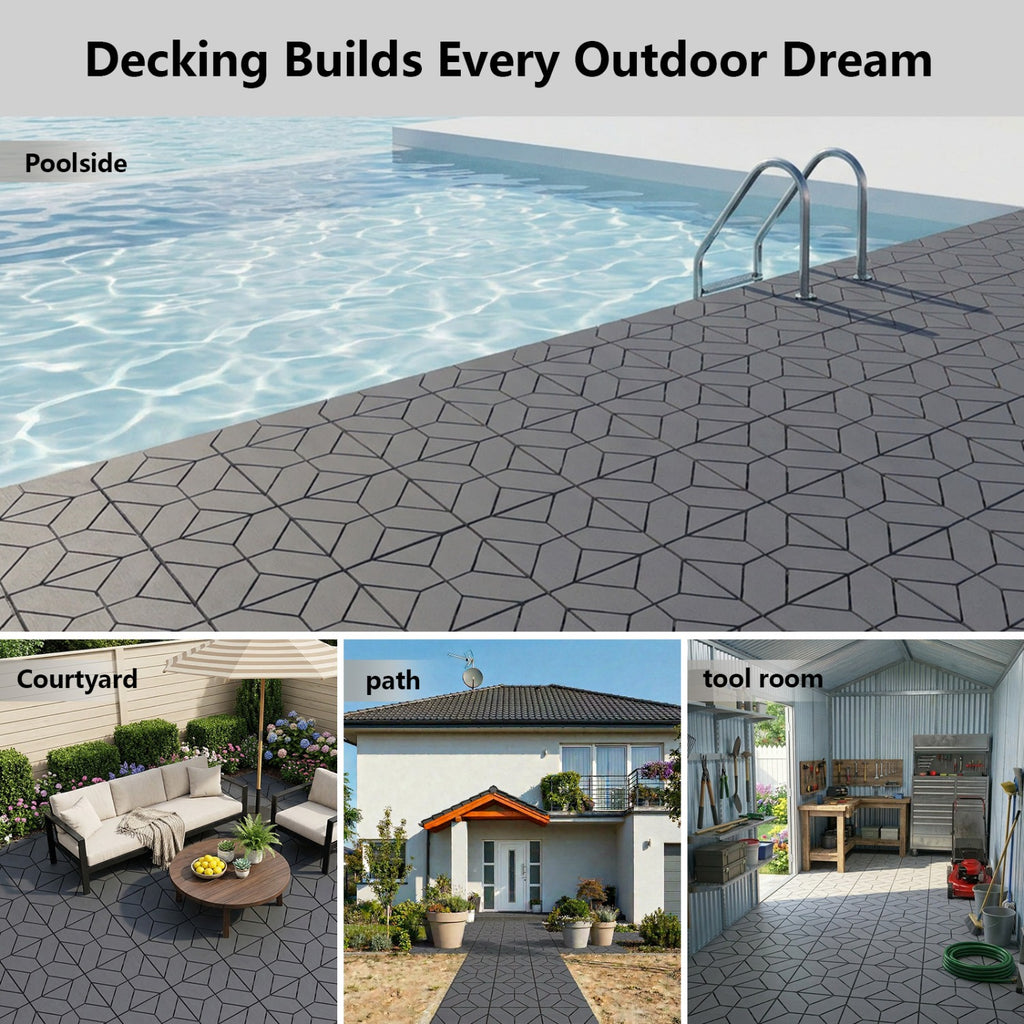 180PCS Interlocking Floor Tiles (132 Tiles+36 Strips+12 Edges+Gloves), Waterproof Plastic Deck Tiles, DIY Flooring for Patio, Garden, Bedroom & Living Room