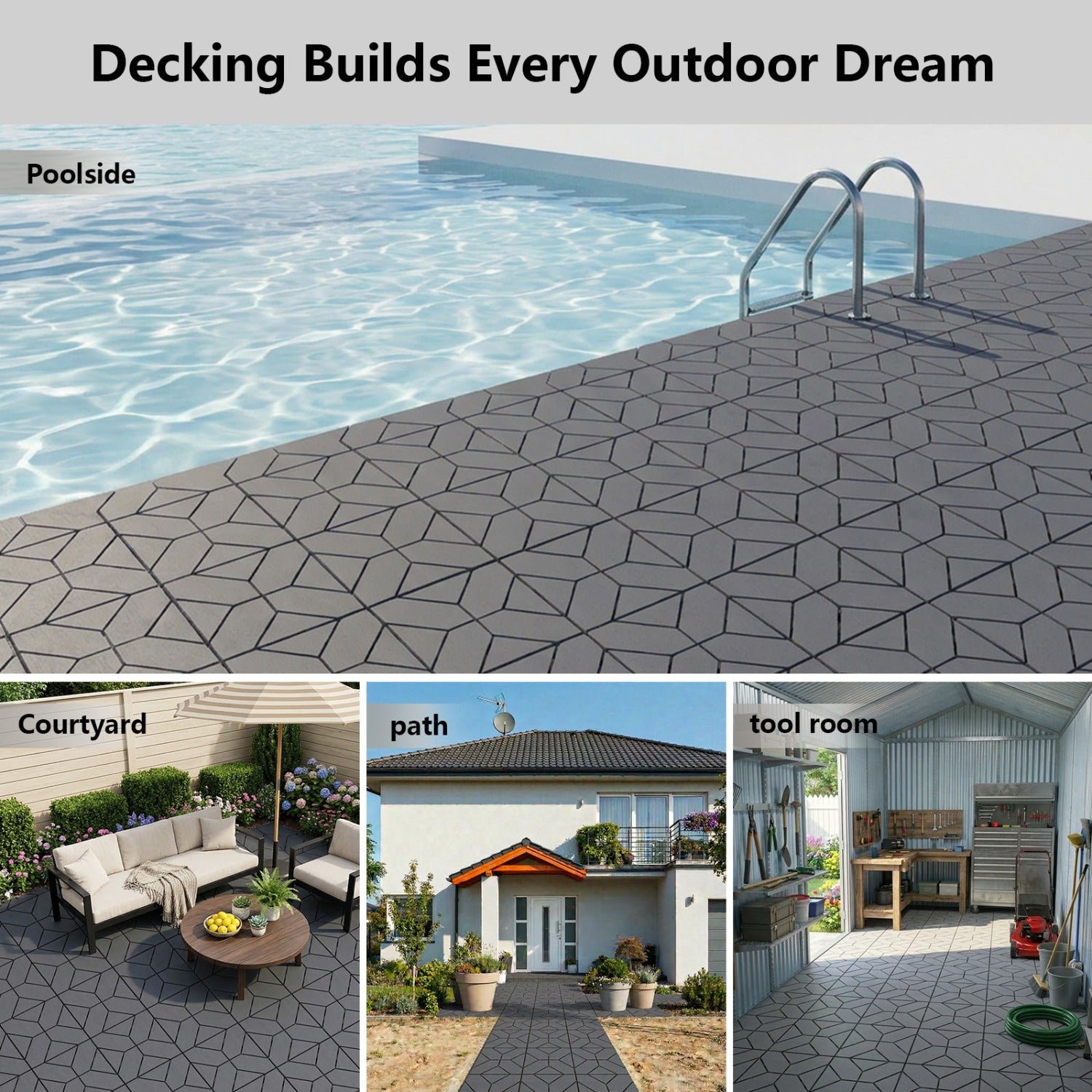 180PCS Interlocking Floor Tiles (132 Tiles+36 Strips+12 Edges+Gloves), Waterproof Plastic Deck Tiles, DIY Flooring for Patio, Garden, Bedroom & Living Room