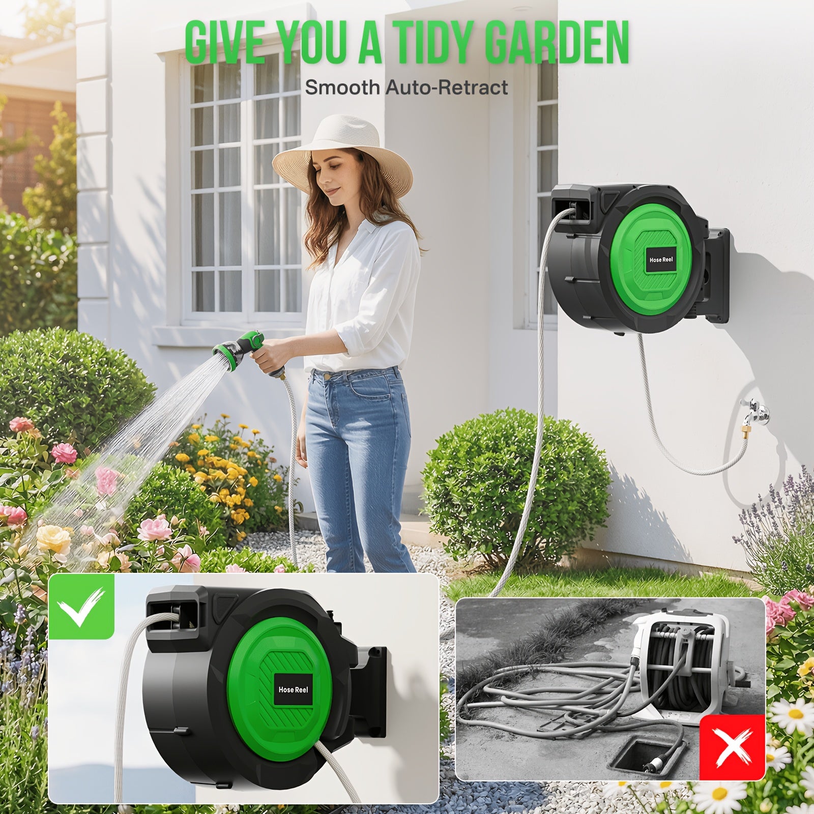 1/2" Retractable Garden Hose Reel, 100ft/150ft Wall Mounted Hose with Auto Rewind, Any-Length Lock, 10 Spray Modes & 180° Swivel Bracket, Ideal Father's Day Gift