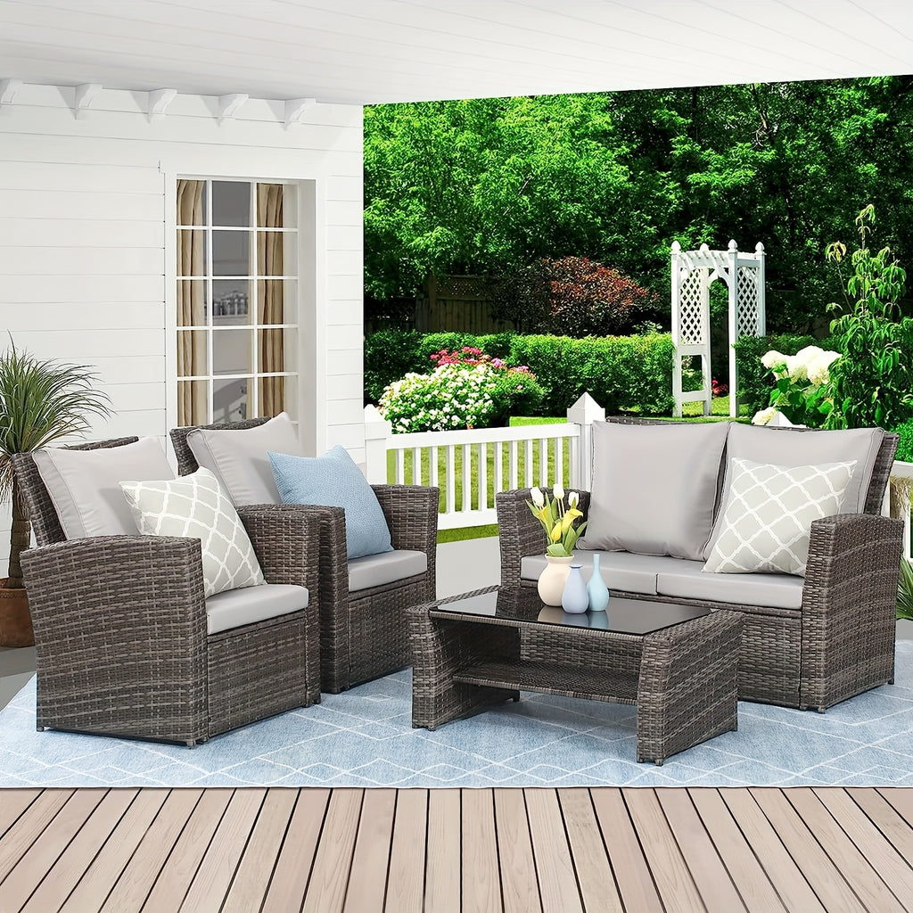 Modular PE Rattan Conversation Set, 4-Piece Patio Sofa & Coffee Table, Foam Cushions, Weatherproof Frame & Protective Cover for Poolside, Deck & Garden