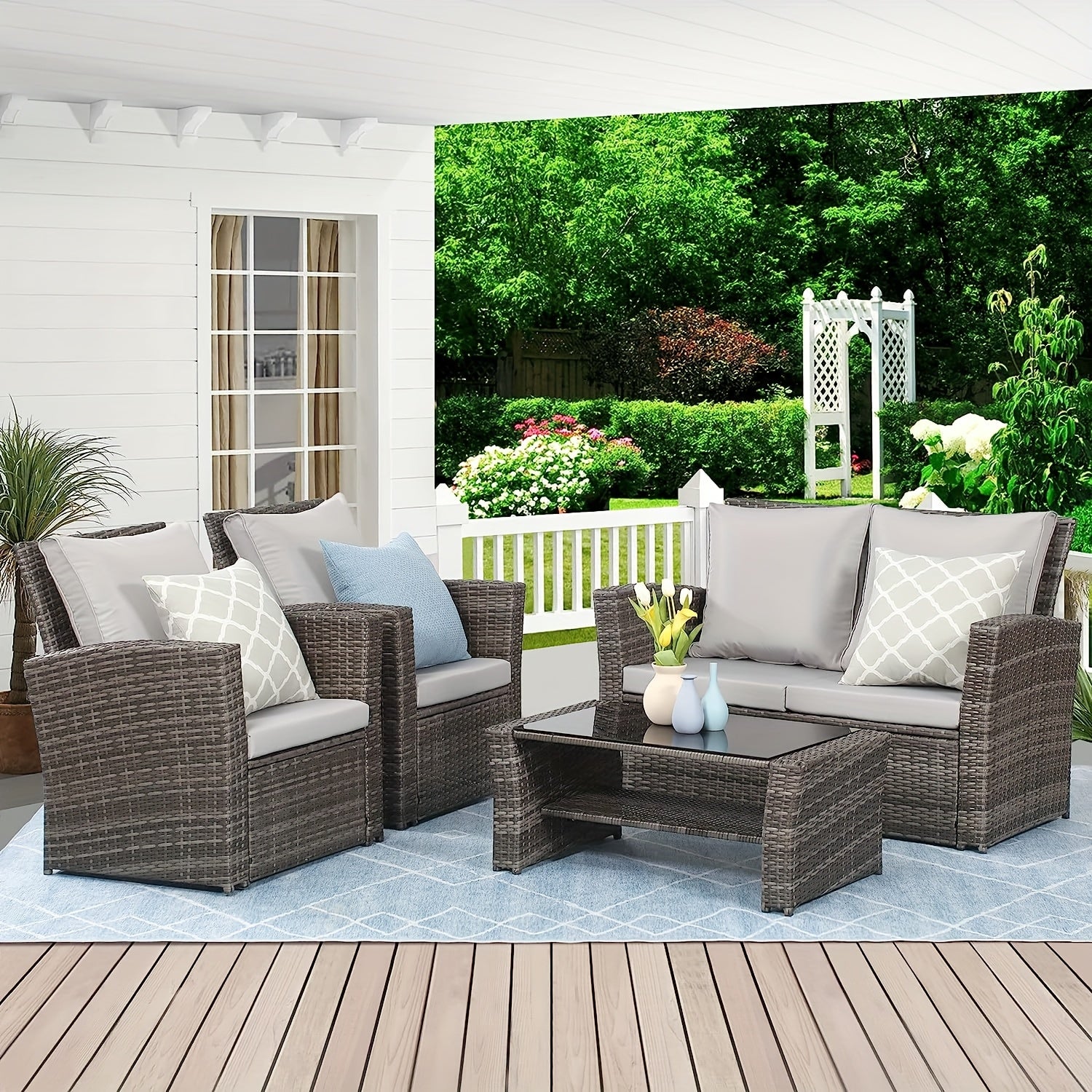 Modular PE Rattan Conversation Set, 4-Piece Patio Sofa & Coffee Table, Foam Cushions, Weatherproof Frame & Protective Cover for Poolside, Deck & Garden
