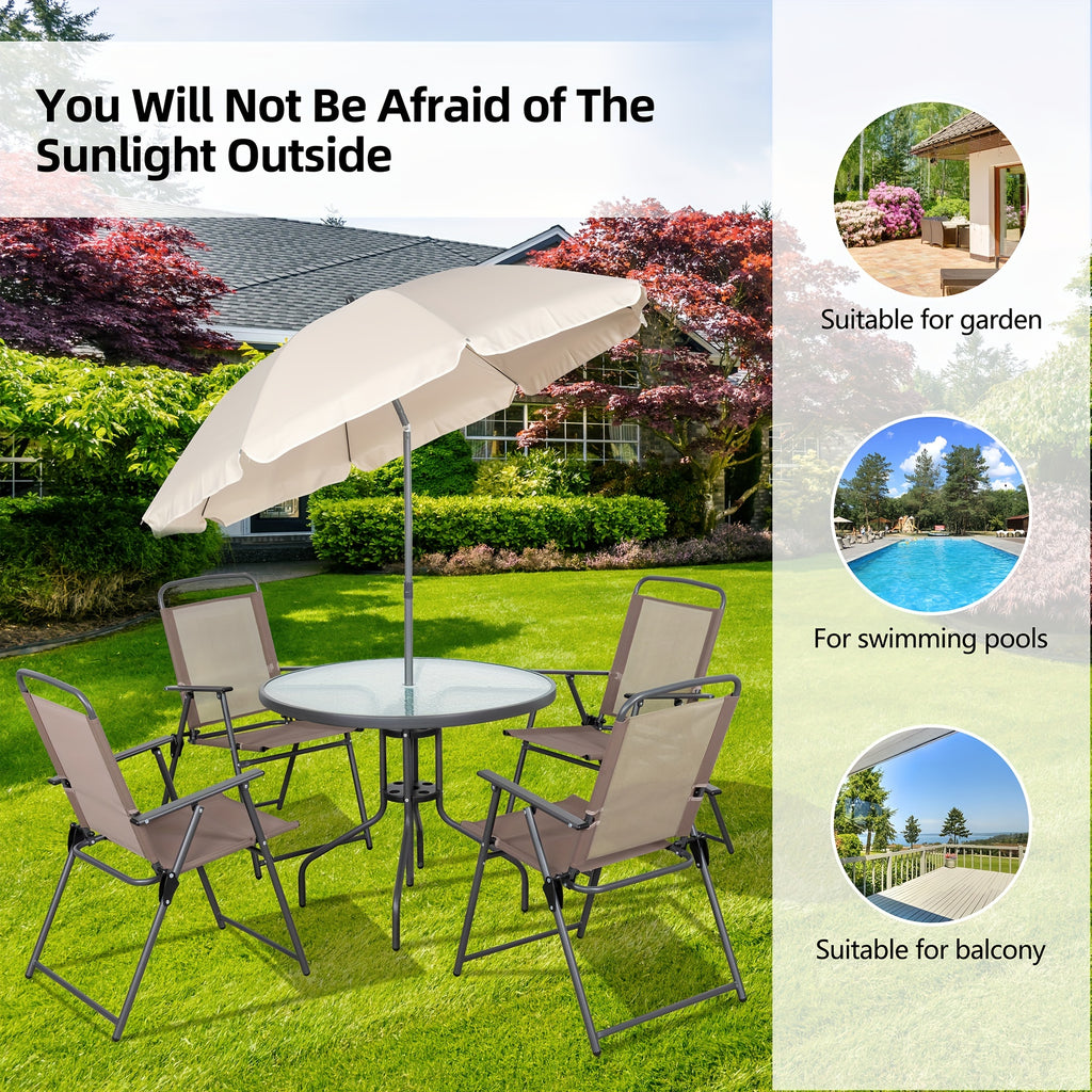 All-Weather 6-Piece Patio Dining Set, Metal Frame Glass Table, 4 Folding Chairs plus Umbrella, Portable Outdoor Furniture for Garden, Lawn & Backyard