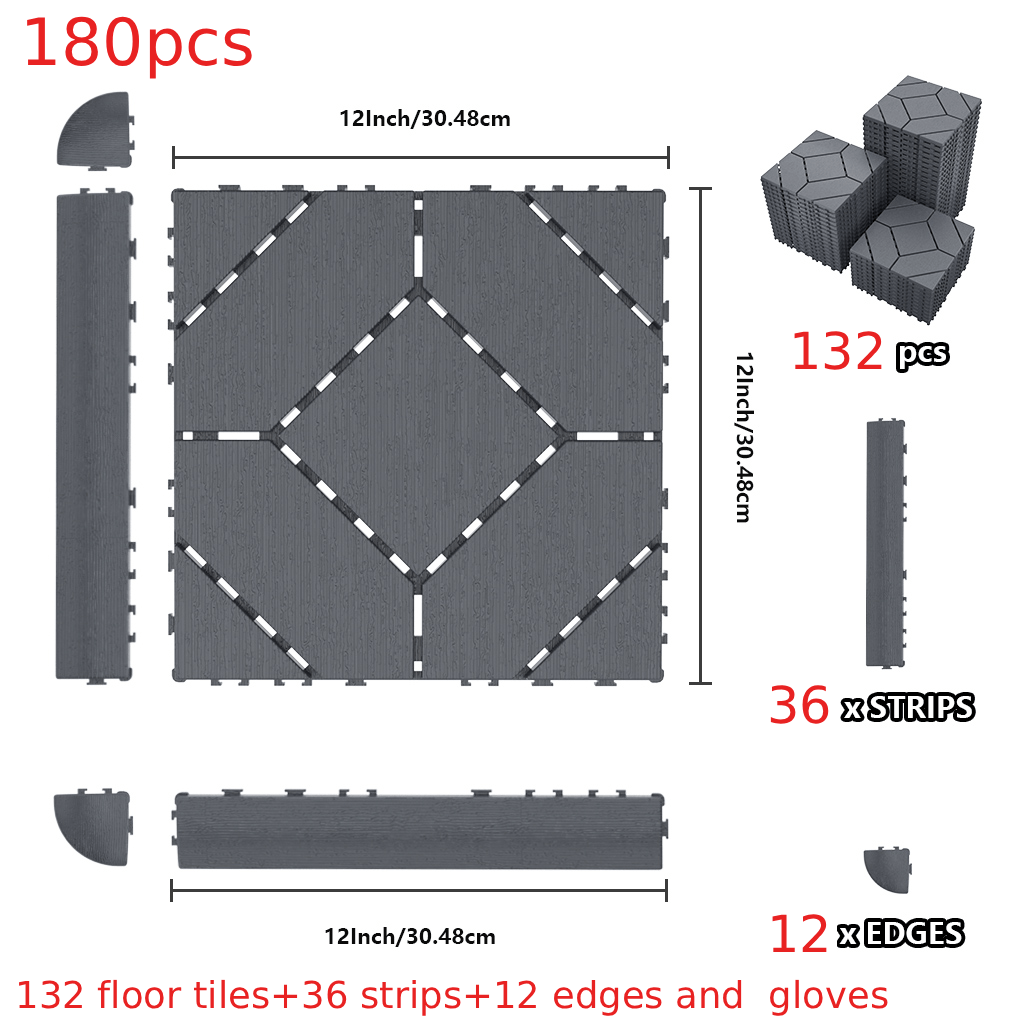 180PCS Interlocking Floor Tiles (132 Tiles+36 Strips+12 Edges+Gloves), Waterproof Plastic Deck Tiles, DIY Flooring for Patio, Garden, Bedroom & Living Room