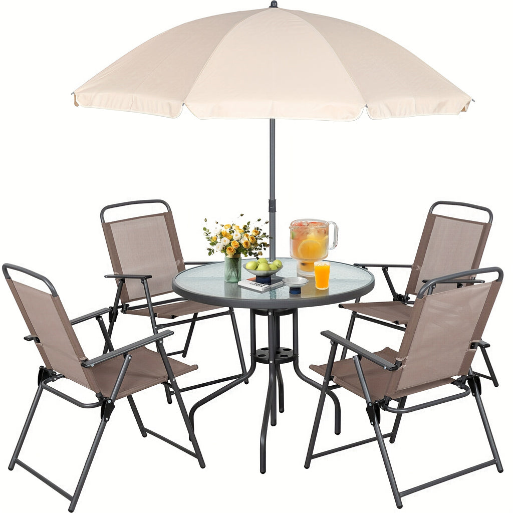 All-Weather 6-Piece Patio Dining Set, Metal Frame Glass Table, 4 Folding Chairs plus Umbrella, Portable Outdoor Furniture for Garden, Lawn & Backyard