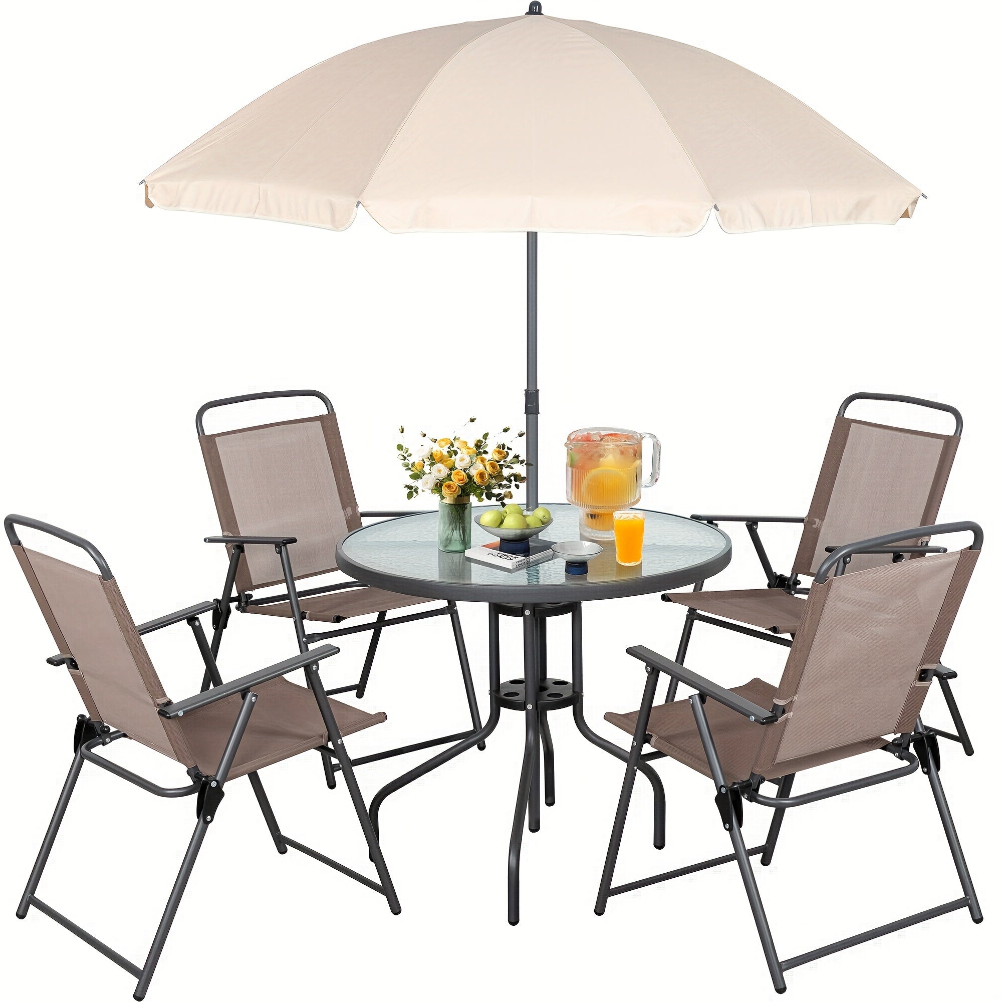 All-Weather 6-Piece Patio Dining Set, Metal Frame Glass Table, 4 Folding Chairs plus Umbrella, Portable Outdoor Furniture for Garden, Lawn & Backyard