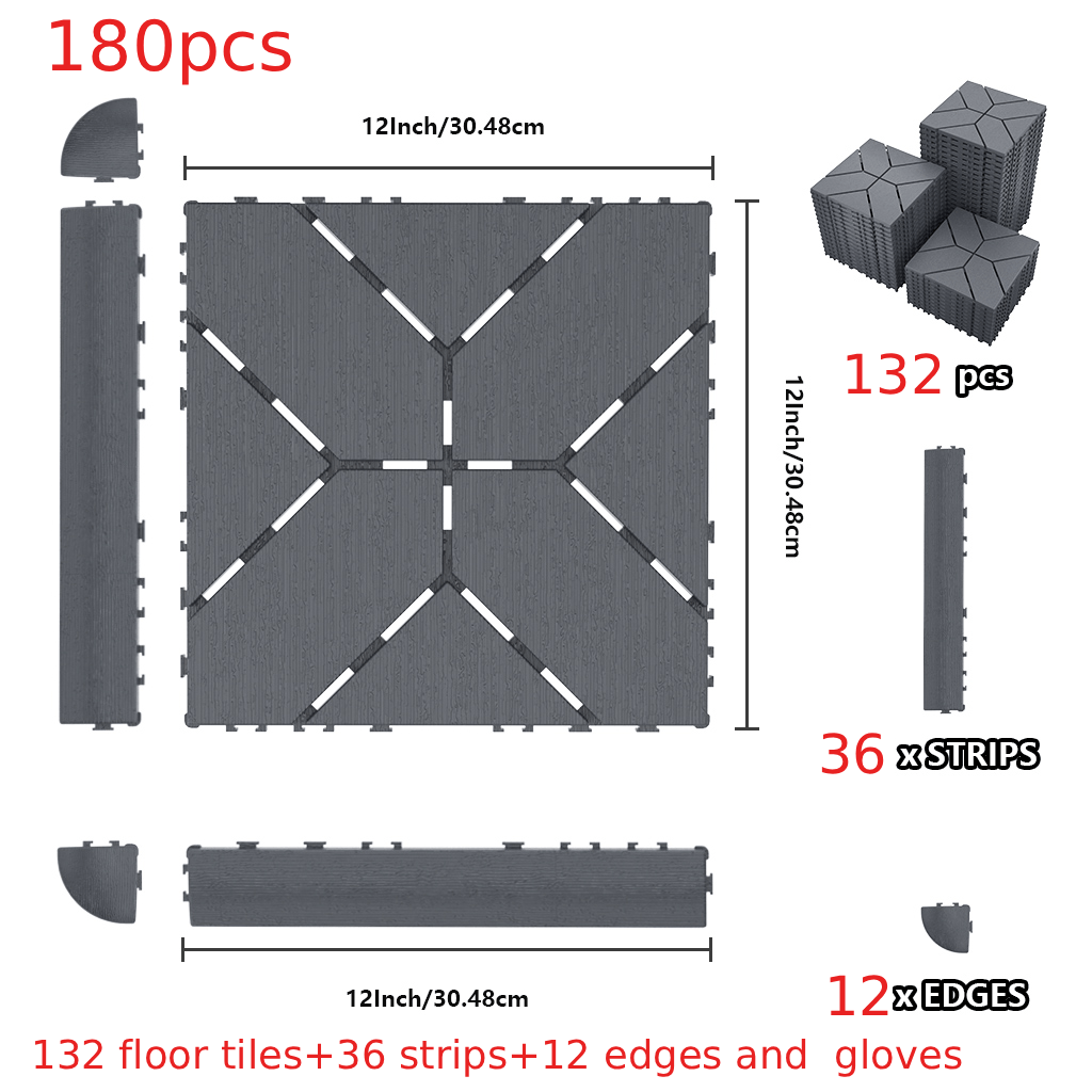 180PCS Interlocking Floor Tiles (132 Tiles+36 Strips+12 Edges+Gloves), Waterproof Plastic Deck Tiles, DIY Flooring for Patio, Garden, Bedroom & Living Room