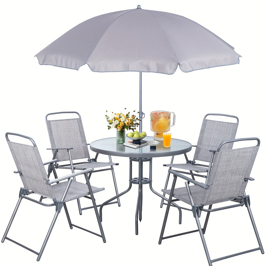 All-Weather 6-Piece Patio Dining Set, Metal Frame Glass Table, 4 Folding Chairs plus Umbrella, Portable Outdoor Furniture for Garden, Lawn & Backyard