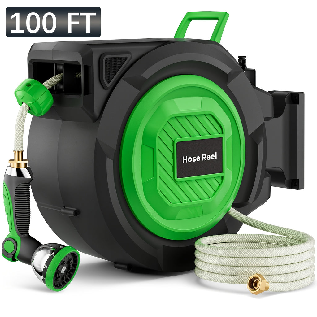 1/2" Retractable Garden Hose Reel, 100ft/150ft Wall Mounted Hose with Auto Rewind, Any-Length Lock, 10 Spray Modes & 180° Swivel Bracket, Ideal Father's Day Gift
