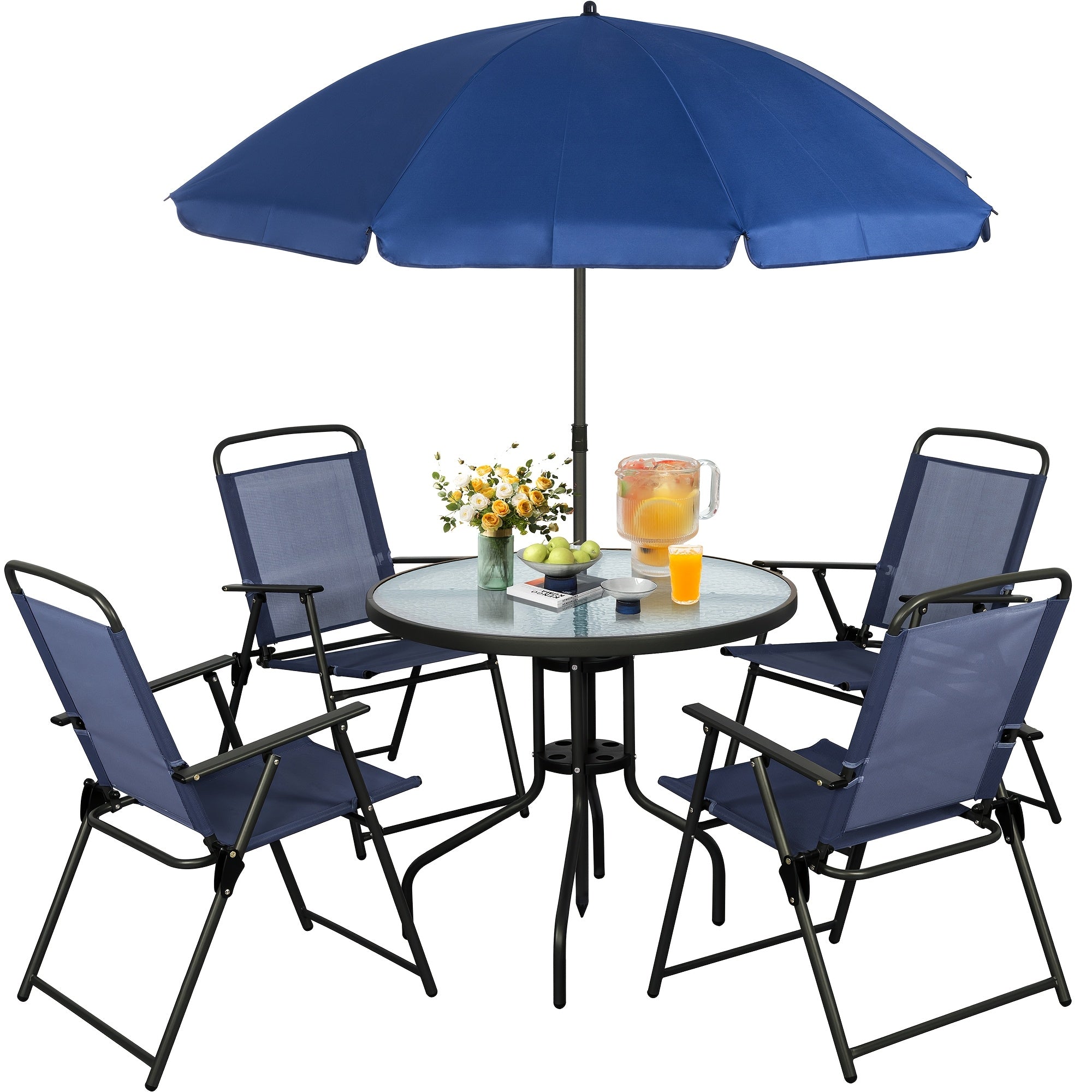 All-Weather 6-Piece Patio Dining Set, Metal Frame Glass Table, 4 Folding Chairs plus Umbrella, Portable Outdoor Furniture for Garden, Lawn & Backyard